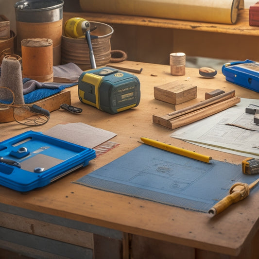 A cluttered workshop table with a tape measure coiled around a carpenter's square, a level placed beside a stack of blueprints, and a laser distance measurer lying on top of a toolbox.