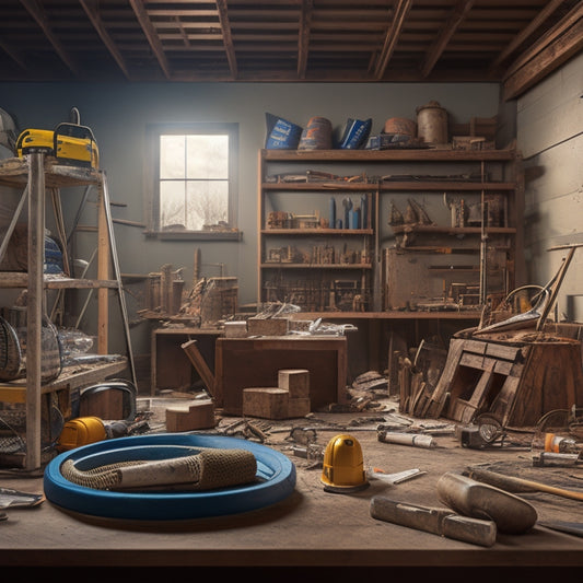 A cluttered interior renovation site with a hard hat, safety goggles, earplugs, and a first-aid kit in the foreground, surrounded by power tools, ladders, and building materials.