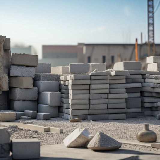 A pile of gray concrete blocks with varying sizes and shapes, stacked on a wooden pallet, surrounded by scattered construction tools and a blurred background of a home renovation site.