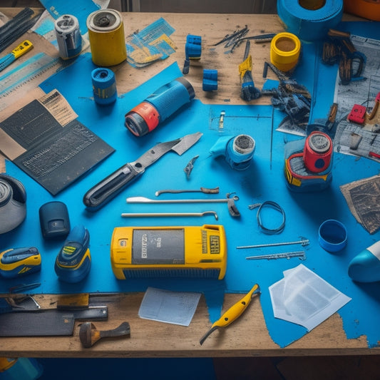 A cluttered workshop table with a variety of brightly colored, neatly organized tools, including a cordless drill, level, tape measure, and pliers, surrounded by scattered DIY renovation plans and blueprints.