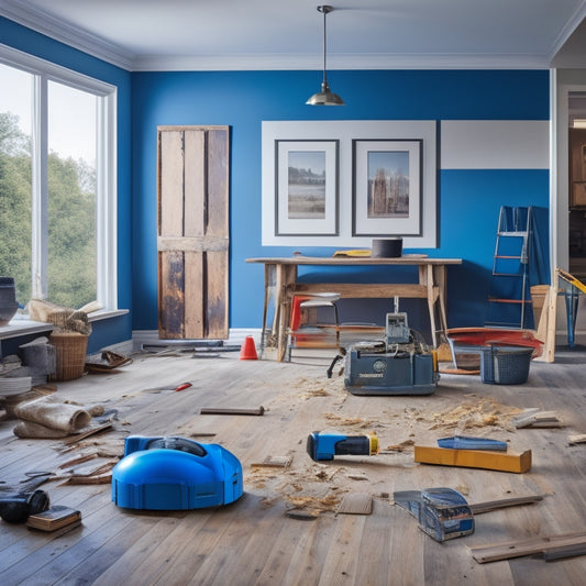 A tidy, modern living room with renovation tools scattered around, including a circular saw, level, and paint swatches, amidst a backdrop of partially demolished walls and a sleek, new hardwood floor.
