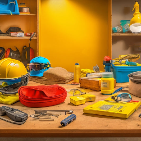 A cluttered workbench with various DIY safety gear, including a yellow hard hat, goggles, earplugs, a respirator, and a first-aid kit, surrounded by scattered tools and renovation materials.
