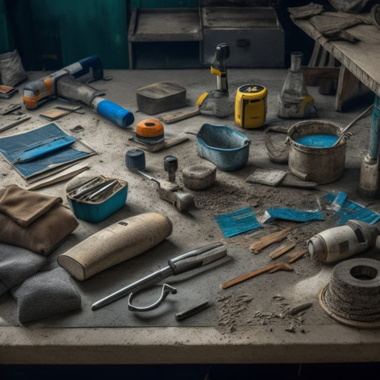A cluttered workshop tabletop with a mix of concrete DIY tools, including a trowel, level, edger, float, and jointer, surrounded by concrete mix bags, scattered blueprints, and a few scattered power tools.