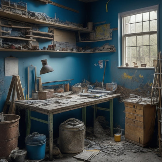 A cluttered, partially renovated room with scattered tools, blueprints, and a ladder, featuring a prominent clipboard with a lengthy, checked-off list pinned to it, surrounded by exposed wiring and drywall.