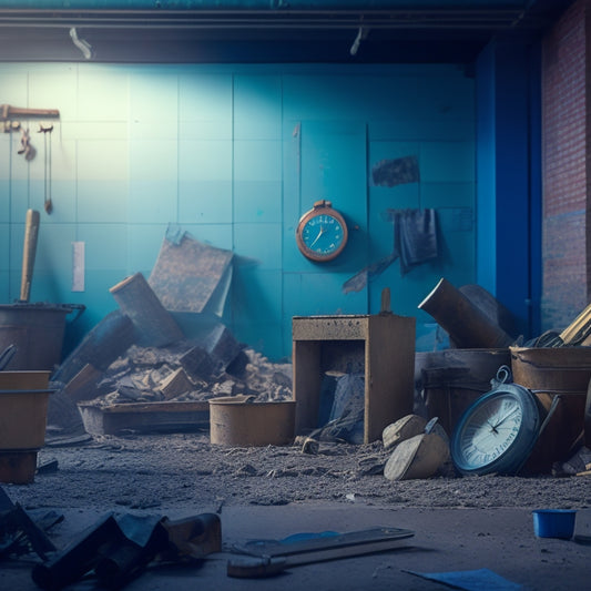 A chaotic construction site with scattered tools, torn blueprints, and a half-demolished wall, contrasted with a calm, organized background featuring a clock with hands stuck in time.