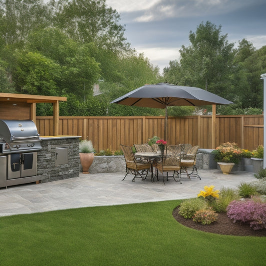 A serene backyard scene with a partially completed outdoor renovation, featuring a mix of finished and unfinished elements: a built-in barbecue station, a paved patio, and a half-installed fence.