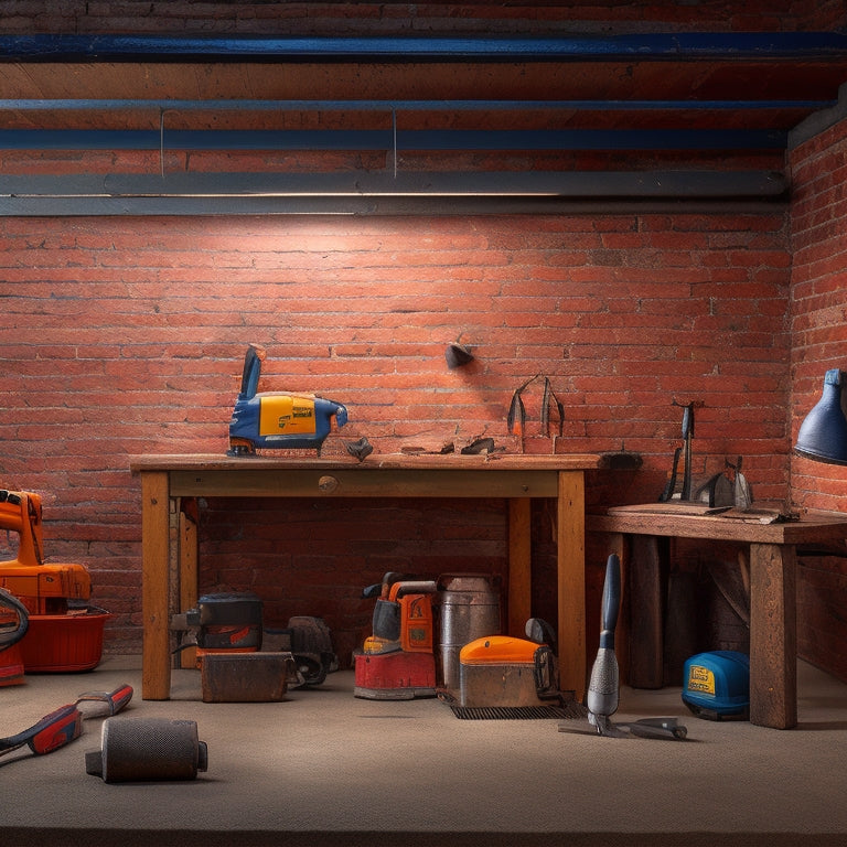 A well-lit, organized workshop with a brick wall in the background, featuring a variety of tools and equipment, including a drill, trowel, level, and bucket, arranged on a wooden workbench.