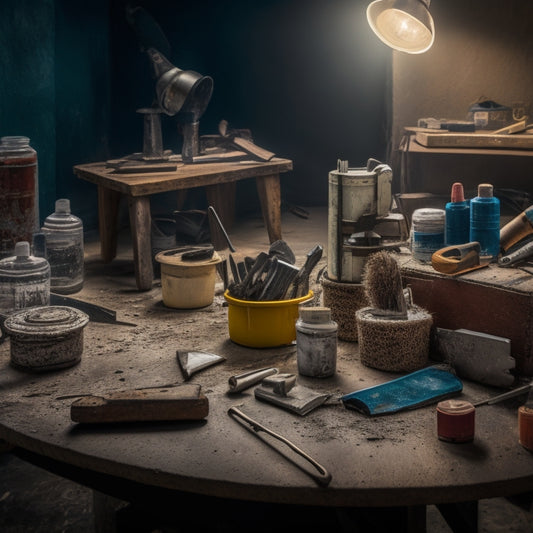 A cluttered workshop table with three distinct toolkits, each containing a variety of crack repair tools, such as injectable epoxy, chisels, and brushes, surrounded by cracks in concrete and drywall.