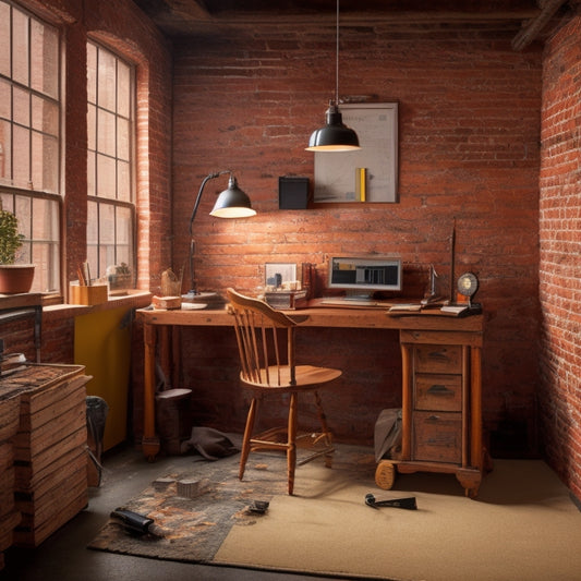 A tidy workspace with a wooden table, surrounded by essential tools like a tape measure, level, and hammer, alongside a partially renovated room with exposed brick and a ladder in the background.