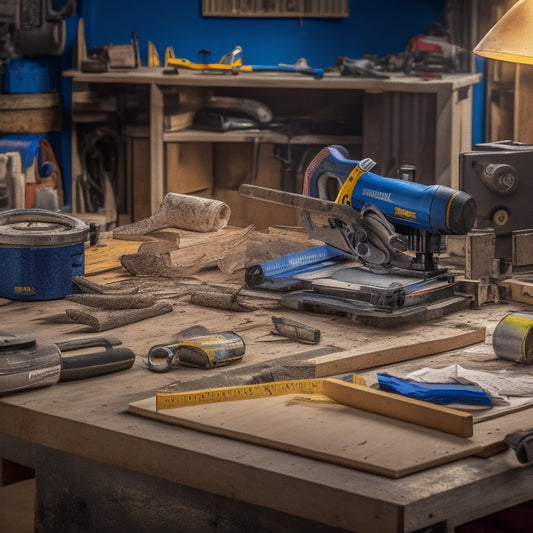 A cluttered workshop table with a circular saw, drill press, and miter saw in the background, surrounded by scattered blueprints, pencils, and a level, with a hammer and tape measure in the foreground.