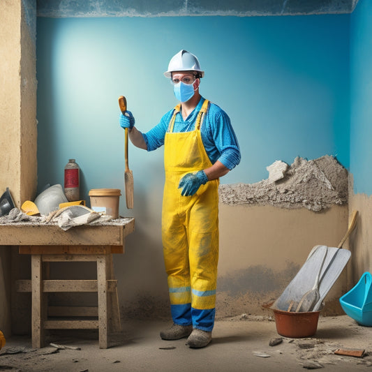 An illustration of a person wearing a dust mask, safety goggles, and gloves, holding a putty knife and standing in front of a partially renovated plaster wall with scattered tools and debris.