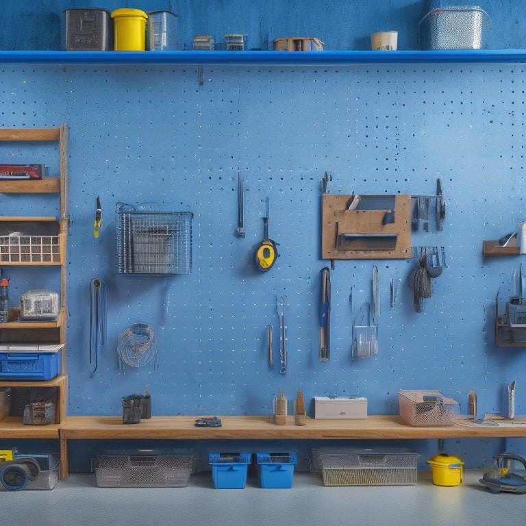 A clutter-free workshop with a pegboard adorned with hanging tool organizers, a labeled storage cabinet, and a rolling toolbox, set against a clean, gray concrete background.