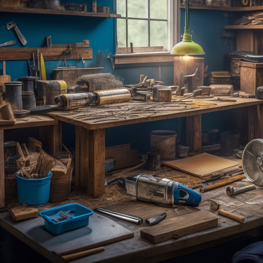A cluttered workbench with a variety of essential renovation tools, including a cordless drill, level, tape measure, and pliers, surrounded by scattered blueprints and wooden shavings.