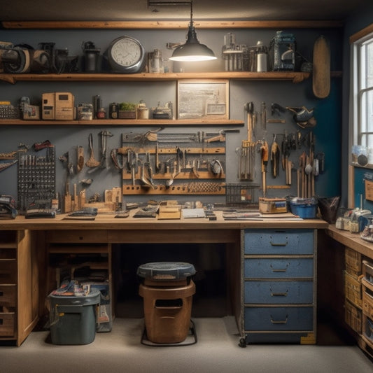 A cluttered but organized DIY workspace in a home basement, featuring a workbench with various power tools, a pegboard with hung accessories, and a surrounding area with renovation materials and supplies.