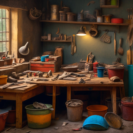A cluttered but organized workbench with various plastering tools, including a hawk, trowel, putty knife, joint knife, and bucket, amidst a backdrop of partially plastered walls and scattered dust.