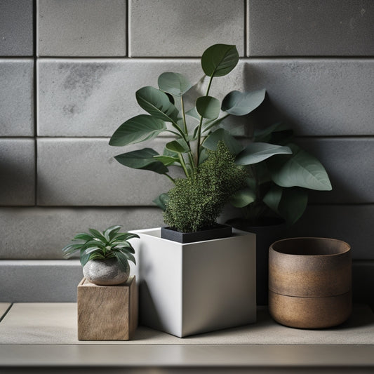 A stylized, minimalist interior scene featuring a sleek, industrial-chic cinder block planter filled with lush greenery, surrounded by natural stone and reclaimed wood accents, amidst a neutral-toned background.