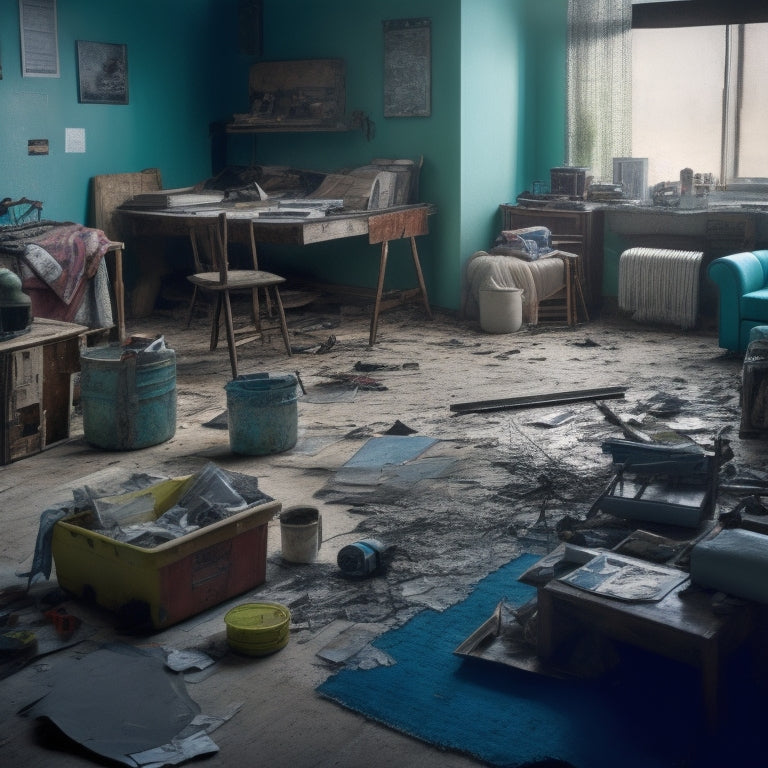 A messy, cluttered living room with torn flooring, cracked walls, and outdated furniture, surrounded by renovation tools and scattered blueprints, with a laptop and calculator in the center.