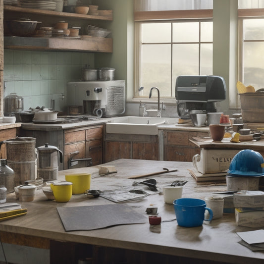 A messy kitchen with scattered renovation plans, construction hats, and calculators surrounded by open laptops, coffee cups, and scattered renovation equipment catalogs, with a faint blueprint of a kitchen in the background.