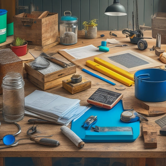 A cluttered workspace with scattered tools, building materials, and blueprints, contrasted with a tidy, organized background featuring a toolbox, a tablet with a checklist, and a satisfied homeowner in the distance.