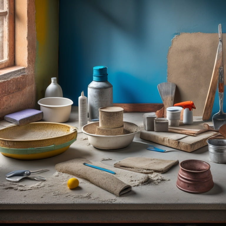 A clutter-free workshop table with a patch of damaged plaster wall in the background, surrounded by essential tools like a putty knife, trowel, sandpaper, and a bucket of mixed plaster compound.