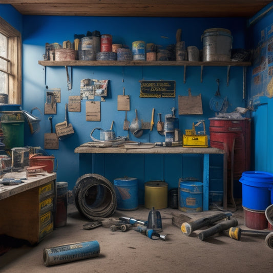 A cluttered garage with a calendar on the wall, surrounded by renovation tools and materials, including a hammer, tape measure, level, and paint cans, with a faint blueprint in the background.