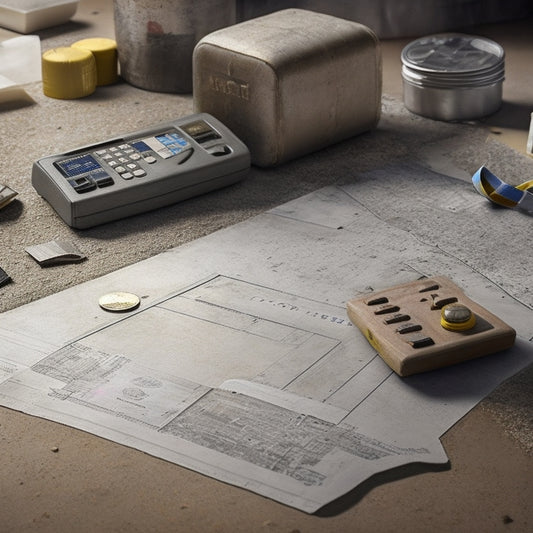 An illustration of a concrete floor with a torn-out section, revealing various renovation materials (polished finish, epoxy coating, etc.) with measuring tapes, calculators, and currency symbols surrounding it.