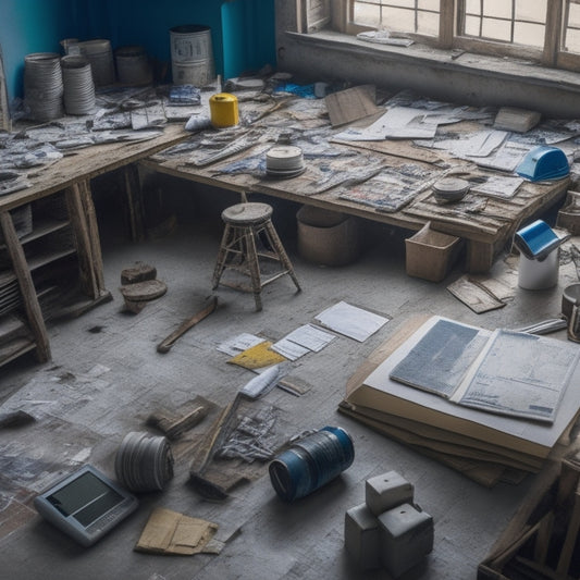 A messy room with scattered blueprints, construction hats, and calculators, surrounded by renovation materials like wooden planks, paint cans, and tile samples, with a laptop open in the center.