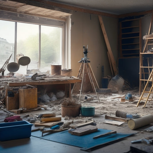 A dusty, partially demolished living room with scattered tools, exposed wiring, and torn flooring, surrounded by construction materials, with a blueprint on an easel in the foreground.