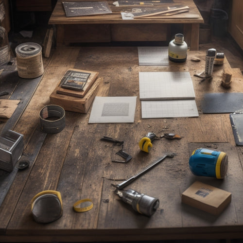 A cluttered workshop table with a worn, wooden floor in the background, featuring a tape measure, a cordless drill, and a flooring scraper, surrounded by scattered flooring samples and renovation plans.