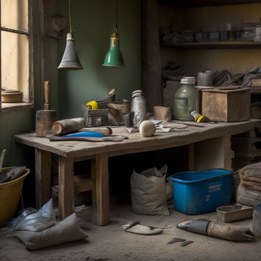 A cluttered workbench with various plaster repair tools, including a Hawk, trowel, putty knife, and joint knife, surrounded by bags of lime plaster, sand, and cement, with a backdrop of a partially repaired wall.