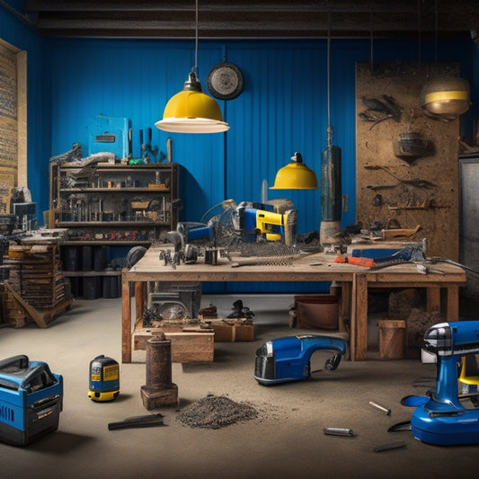 A cluttered workshop background with various power tools and building materials scattered around, featuring a prominent display of 5-7 different mixer models from top brands, with each mixer showcasing its unique design and features.