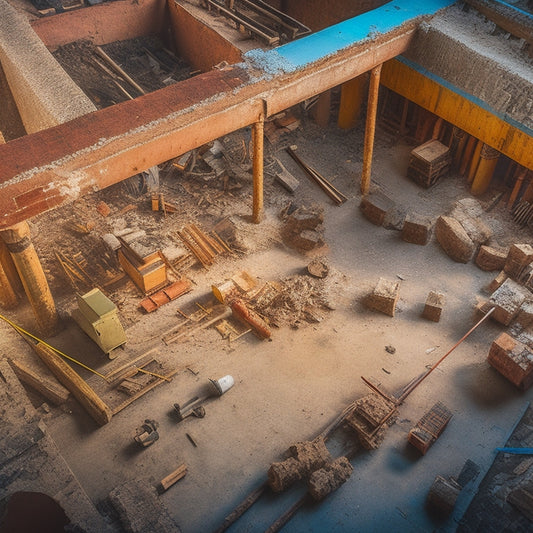 An overhead shot of a room with a partially demolished plaster ceiling, exposing old wooden beams and rusty pipes, surrounded by construction tools and scattered debris.