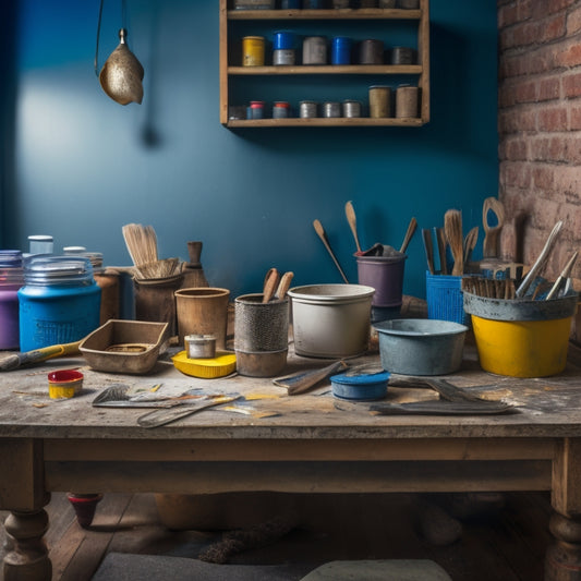 A cluttered workshop table with various DIY renovation tools surrounded by three to five mixing buckets of different sizes, materials, and colors, with paintbrushes and rollers inserted.