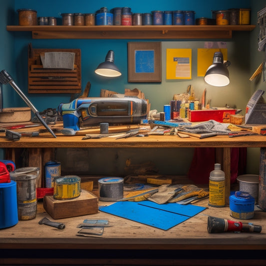 A cluttered workbench with a variety of tools, including a cordless drill, level, and tape measure, surrounded by paint swatches, flooring samples, and a partially unwrapped roll of wallpaper.