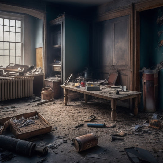 A cluttered, dimly lit room with old furniture and torn wallpaper, surrounded by beginner-friendly demolition tools: a pry bar, sledgehammer, and utility knife, with scattered debris and dust in the air.