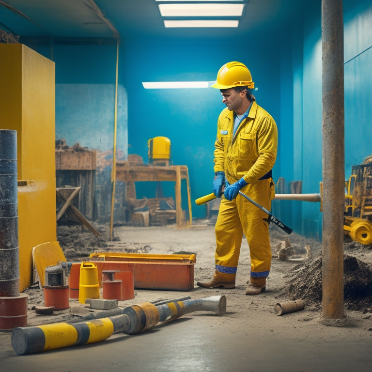 An image of a person wearing a yellow hard hat and holding a leveling tool, standing in a half-renovated room with concrete floors and exposed pipes, surrounded by tools and construction materials.