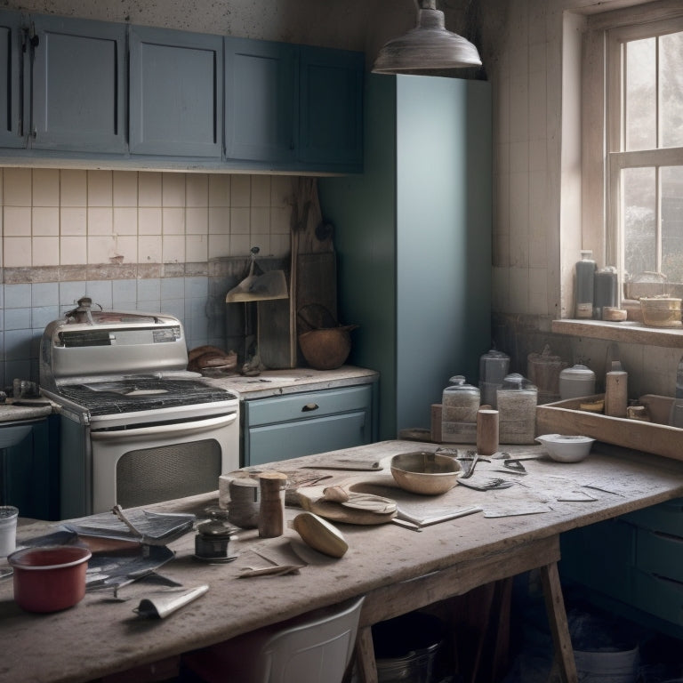 A cluttered kitchen with torn-out cabinets, exposed wiring, and a sledgehammer on the counter, surrounded by scattered renovation plans and calculators, with a faint blueprint on the wall.