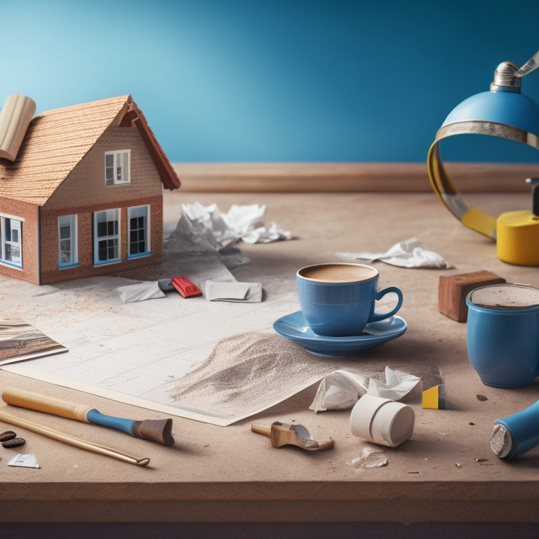 An illustration of a calendar with torn pages, construction tools, and building blocks scattered around, with a faint blueprint of a house in the background, surrounded by crumpled papers and coffee cups.