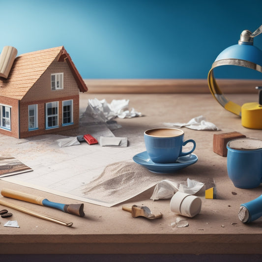 An illustration of a calendar with torn pages, construction tools, and building blocks scattered around, with a faint blueprint of a house in the background, surrounded by crumpled papers and coffee cups.