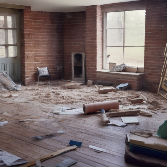 A clutter-free, partially demolished living room with scattered blueprints, a hammer, and a tape measure, surrounded by torn wallpaper, exposed brick, and a glimpse of a new hardwood floor.