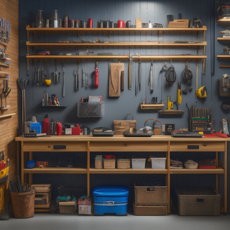 A well-organized garage with a pegboard on the wall, holding various tools and accessories, alongside a workbench with a vice, and a set of stacked storage bins and shelves in the background.