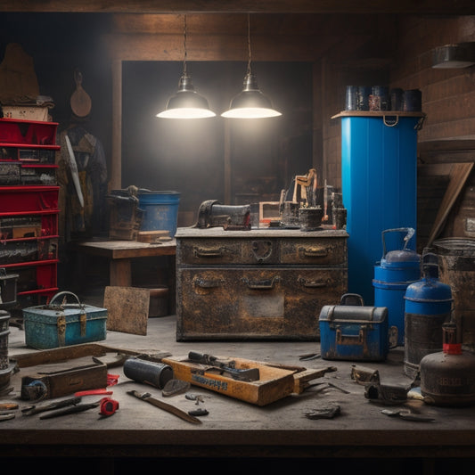 A cluttered yet organized workshop backdrop with five prominent toolboxes from different brands, each adorned with their respective logos, surrounded by scattered DIY project components and renovation materials.