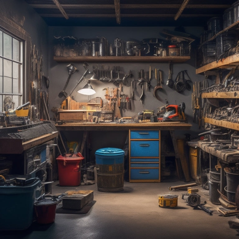 A cluttered garage or workshop with various tools scattered around, with a few tools highlighted in a separate, organized section, surrounded by a subtle glow, conveying a sense of efficiency and convenience.