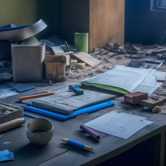 A messy, partially demolished interior wall with a tablet and calculator lying on a nearby workbench, surrounded by scattered blueprints, pencils, and construction materials.