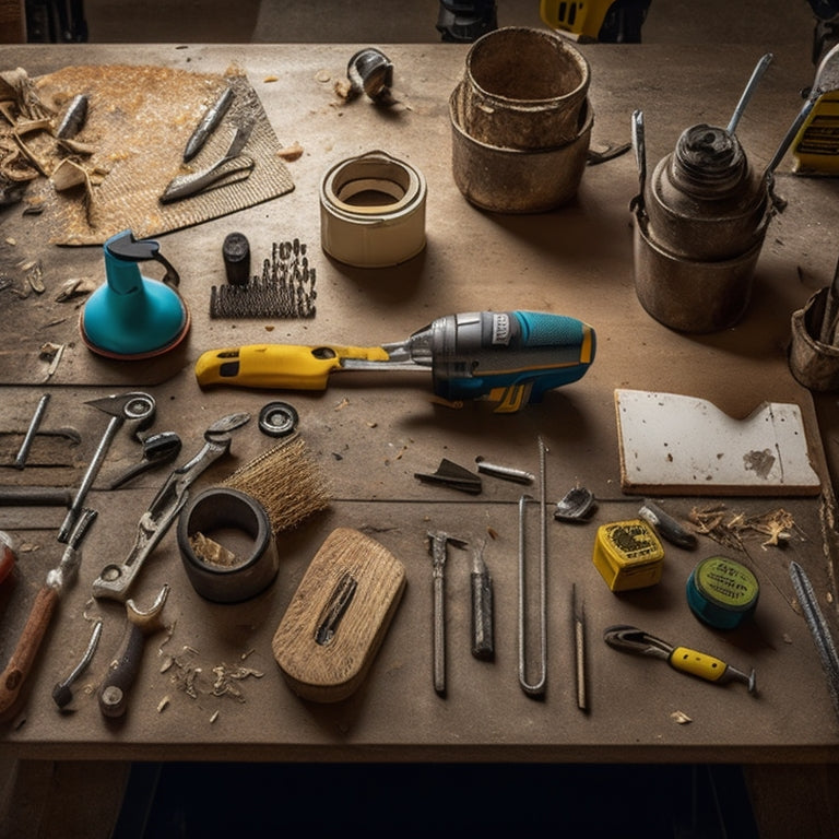 A cluttered workshop table with a variety of renovation tools, including a cordless drill, level, tape measure, hammer, pliers, screwdrivers, and a utility knife, surrounded by scattered screws, nails, and wood shavings.