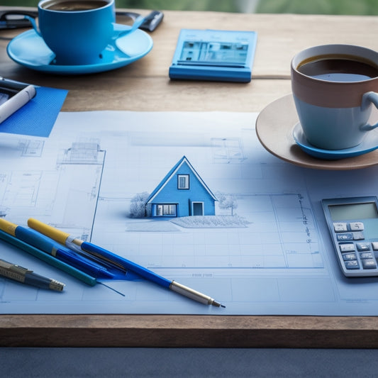 A blueprint of a house with a tablet and stylus lying on top, surrounded by scattered papers, calculators, and coffee cups, with a subtle background of a construction site.