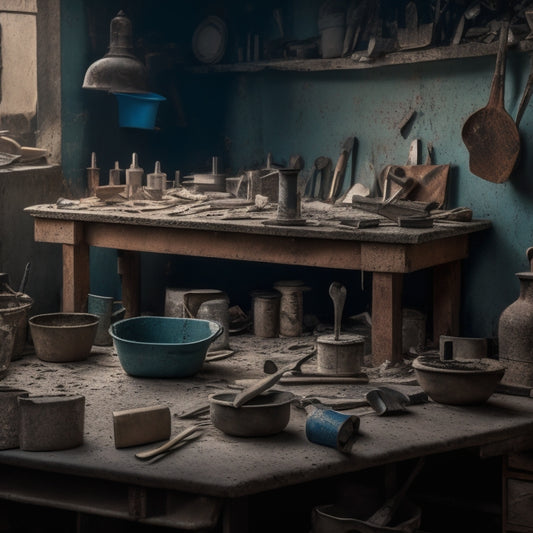 A cluttered workbench with various trowels of different shapes, sizes, and materials scattered around, along with scattered renovation tools, concrete blocks, and a faint background of a half-renovated room.