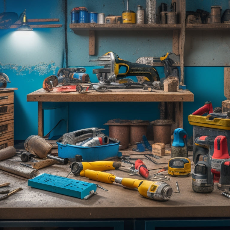 A cluttered workbench with various power tools, including a drill, impact driver, and circular saw, surrounded by patches of drywall, joint compound, and scattered screws.