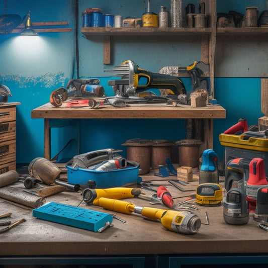 A cluttered workbench with various power tools, including a drill, impact driver, and circular saw, surrounded by patches of drywall, joint compound, and scattered screws.