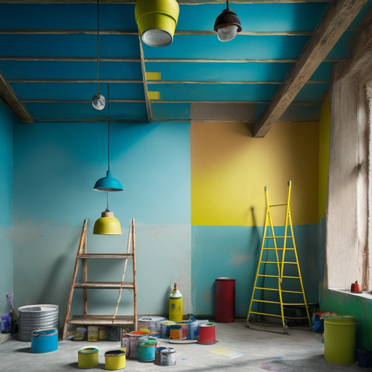 A partially painted concrete ceiling with a ladder, paint cans, and rollers scattered around, with a single paint swatch on the wall featuring a vibrant, matte finish.